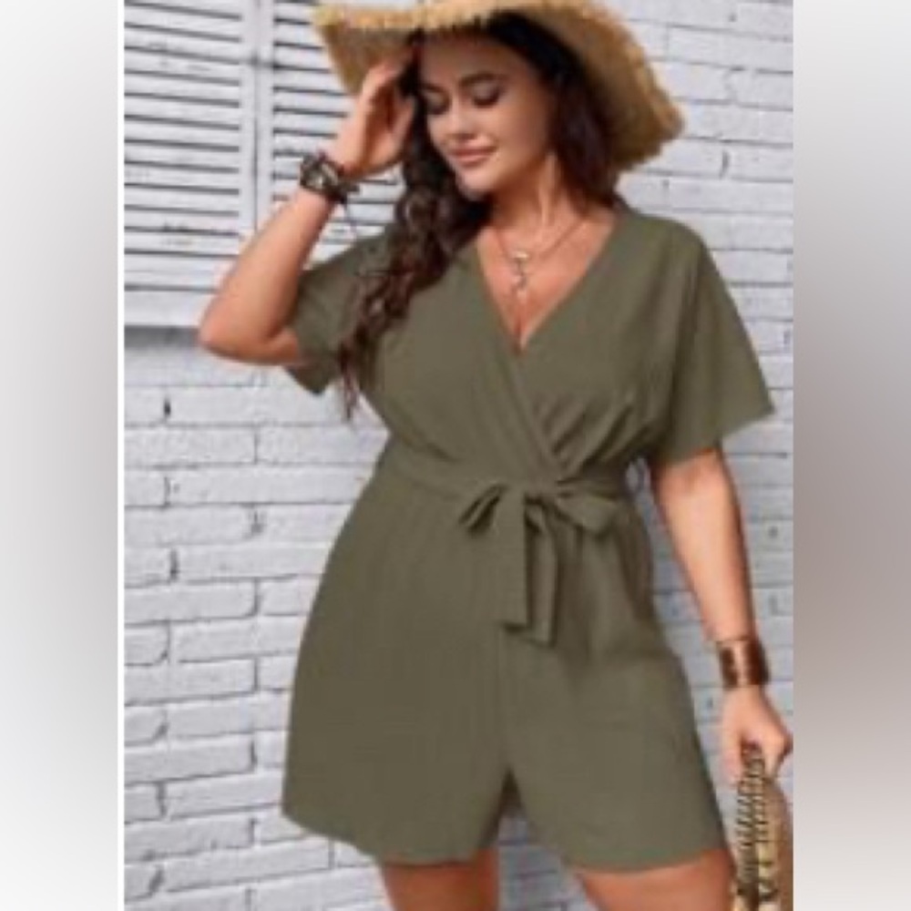 Olive colored romper shorts short sleeve wrap around